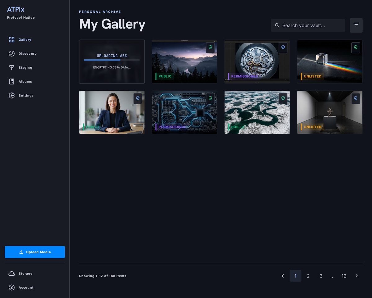 ATPix My Gallery — personal archive grid with C2PA and visibility badges