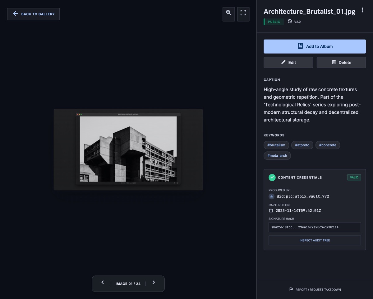 ATPix photo detail with Content Credentials sidebar