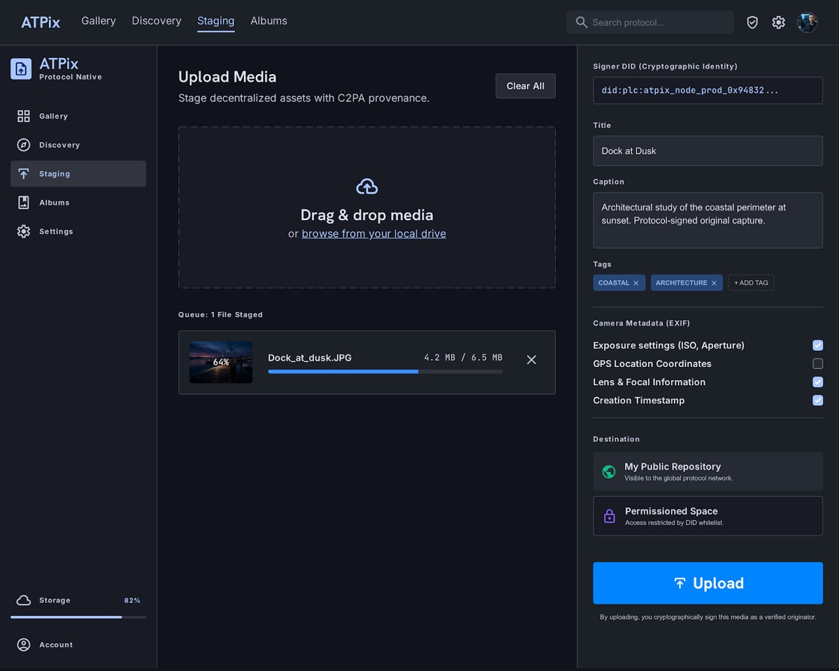 ATPix upload flow with EXIF field picker and destination controls